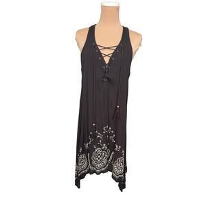 Taylor & Sage Boho Embroidered Dress Brown Ivory Lace-Up Festival M